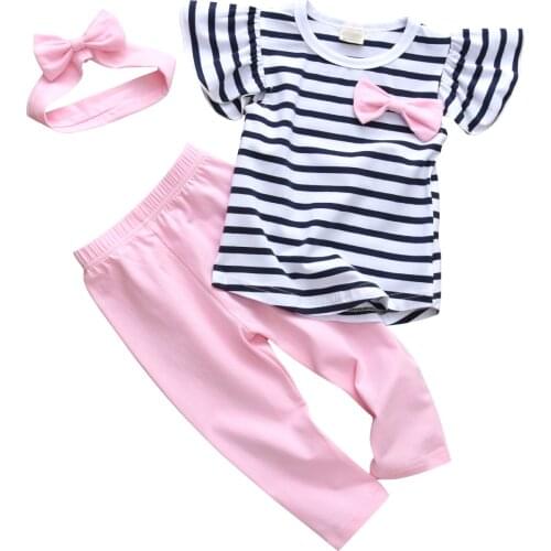 Baby Girl Clothes Stylish Ruffle Sleeve Tops Stripe T-shirt and Solid Color Pants+Headband Toddler Baby Set