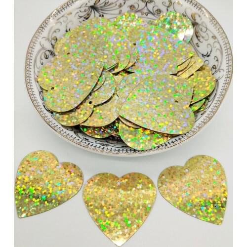 50g 32mm Flat Heart Sequins For Crafts Sewing Accessories Confetti Spangles Paillette Hologram Laser Light Gold With 1 Hole