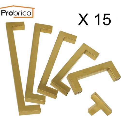 Probrico Stainless Steel Cabinet Drawer Pulls Golden Brass Furniture Handles Kitchen Cabinet Hardware Bathroom Door Knobs Pulls