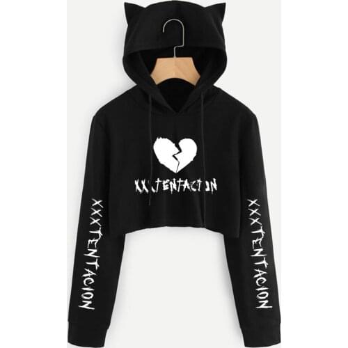 Drop ship xxxtentacion crop top hoodies Harajuku Short Sweatshirt Long Sleeve Cropped Ladies Sexy Navel Cat Ear Hoodie