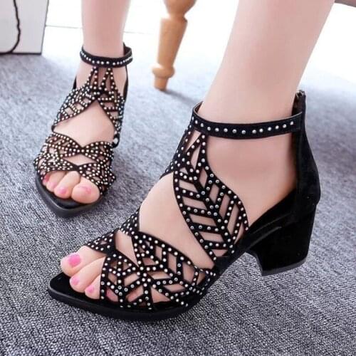Sandals Womens Summer New Products Net Yarn Fish Mouth Shoes Thick High-heeled Hollow Fashion Rhinestone Nightclub Sexy Sandals