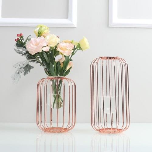 Glass Flower Vase Iron Metal Art Vase Rose Gold Flowerpot Home Decoration Wedding Decoration Hydroponics Container
