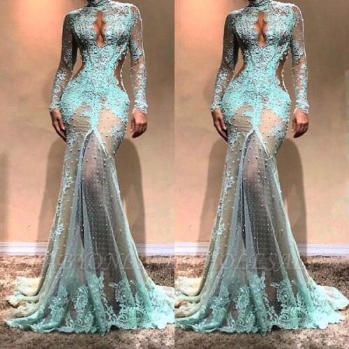 SuperKimJo 2020 Turquoise Blue Beaded Evening Dresses Long Sleeve Lace Applique Sexy Formal Dresses Vestidos De Festa Longo