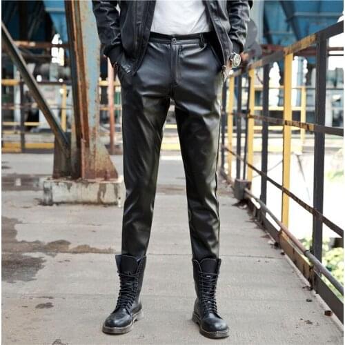 Warm personality fashion motorcycle faux leather pants mens feet pants Plus velvet thicken pu trousers for men pantalon homme