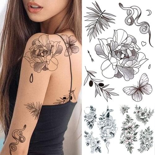 Peony Rose Flower Temporary Tattoos For Women Girls Fake Snake Butterfly Sword Tattoo Sticker Black Tatoos Carnations Orchid