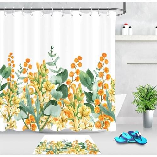 Polyester Fabric Shower Curtain Spring Wildflower Wild Grass Watercolor Pattern Bathroom Curtains Non-slip Door Mat Home Decor
