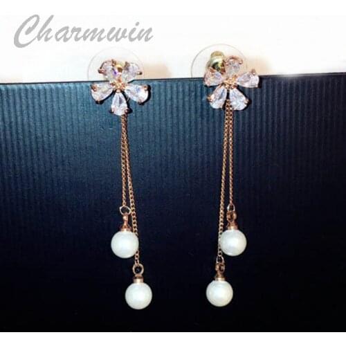 Charmwin Flower Long Earrings Women Cubic Zirconia Drop Earrings Simulated Pearl Tassel Dangle Earrings Fashion Jewelry PE1535