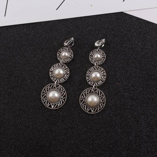 JIOFREE Vintage Pearl Clip on Earring For Women Sliver Color Long Earring Statement Ear Jewelry Exquisite Gift