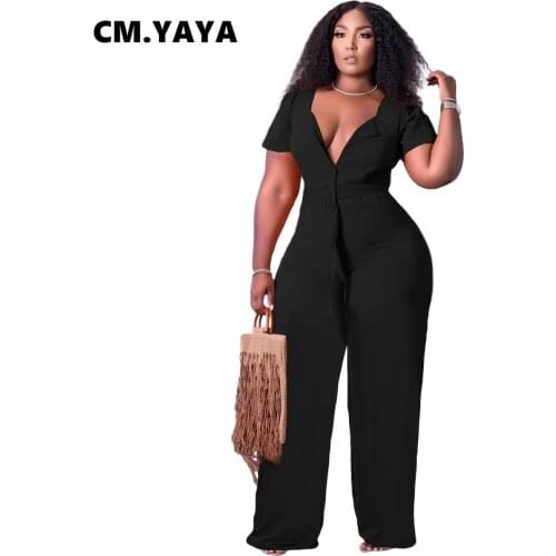 CM.YAYA Women Jumpsuit Solid Short Sleeve V-neck Sashes Pockets Wide Leg Jumpsuits Casual One Piece Overalls Summer Outfits 2021