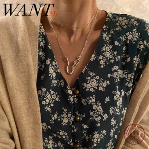 WANTME Punk Real 925 Sterling Silver Geometric Hook Minimalist Chic Choker Pendant Necklace for Women Hip Hop Gothic Jewelry