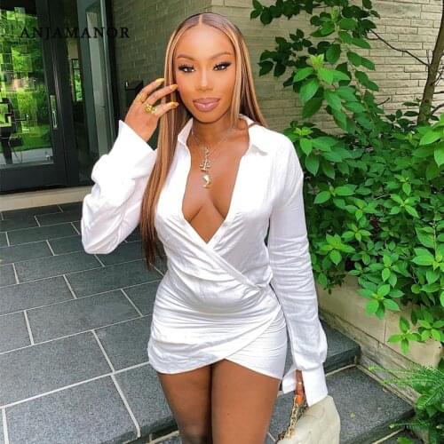 ANJAMANOR Sexy White Deep V Neck Long Sleeve Dress Night Clubwear Ladies Clothing Fall 2021 Wrap Bodycon Mini Dresses D18-CC29