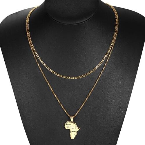 Gold Color Double Chains Africa Map Pendant for Men Women Stainless Steel Box Figaro Link Pendant Necklace Christmas Gift KN647A