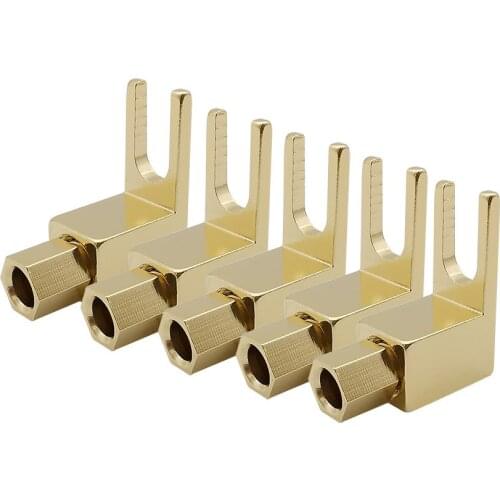 1/2/5Pcs 4MM Right Angle Plugs Fork Speaker Banana Plug Jack 24K Gold Plated Screw Solderless U/Y/L/ Fork Wire Connector