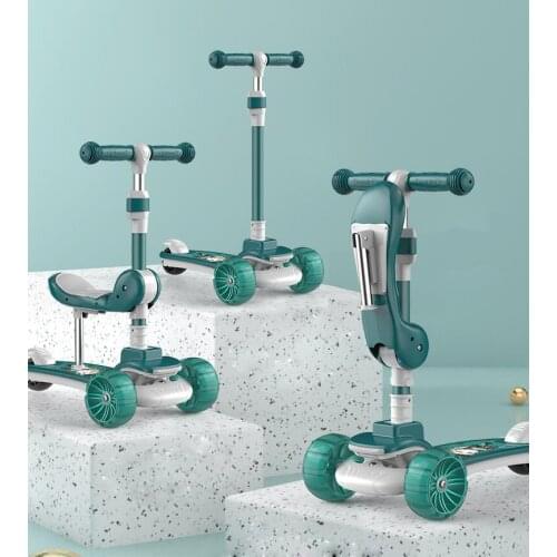 3-in-1 Childrens Kick Scooter Folding Skateboard Kids Adjustable Height Flashing Light 3 Wheels Foot Scooters Folding Bicycle