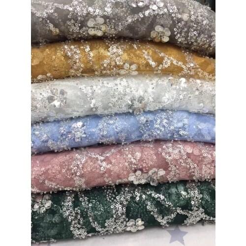 5yards/pc) Gorgeous flower shape sequins and tube beads embroidered tulle lace white African wedding net lace for party FZX117