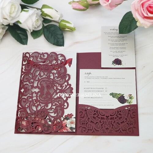 Burgundy Shimmer Wedding Invitation Jacket Sweetheart Customize Print Pocket Invitations for Marriage Anniversary Party 50pc