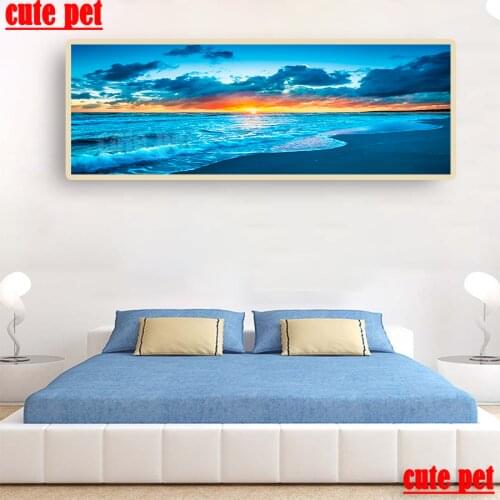 Large cute pet New Full Square Diamond rhinestone Sunset seascape DIY Diamond Painting 3D Embroidery Cross Stitch Mosaic Decor