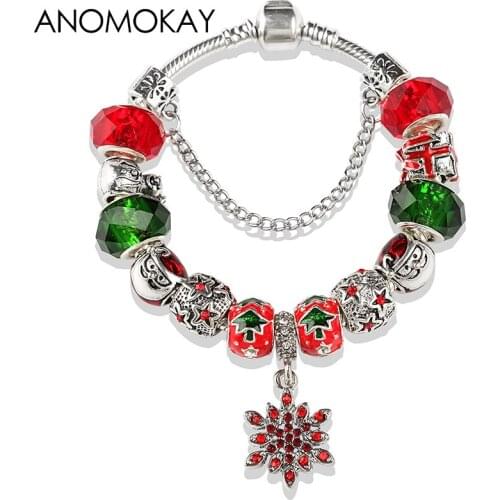 Dropshipping Snowflake Santa Claus Tree Christmas Charms Bracelet Red Crystal Bracelet Jewelry Silver Plated Charms Xmas Gift