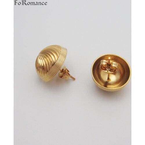 Foromance CARVED SURFACE HALF BALL SHAPE YELLOW GOLD GP STUD EARRING 15MM DIA SHINING HIGH QUALITY FASHION JEWELRY GREAT GIFT