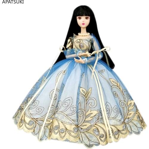Blue Golden Handmade Princess Dress For Barbie Doll Outfits Clothes 1/6 Dolls Accessories Puff Sleeve Bowknot Party Gown Toys