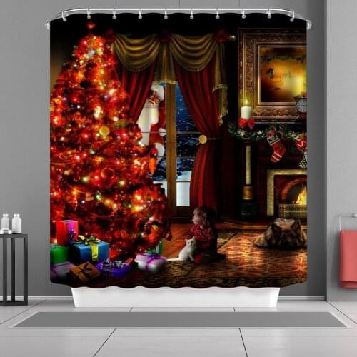 Custom Xmas Merry Christmas Shower Curtain Sets with Hooks Santa Claus Tree Gifts Fireplace Pattern Print