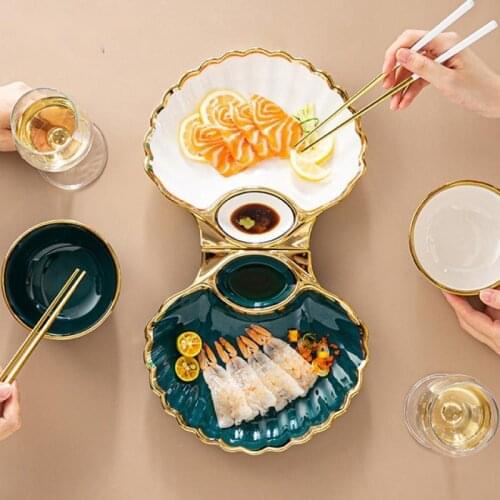 Ceramic Seashell Plates With Vinegar Dish Bowls Gold inlay Decorative Tableware Sushi Dish Tableware Kitchen Accessories