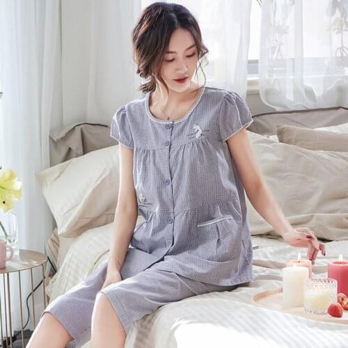 Summer Lovely Rabbit Female Pajamas Set Sleepwear Plus Size 3XL Women Cotton Pyjamas Suit Round Neck Cardigan Plaid Nightwear