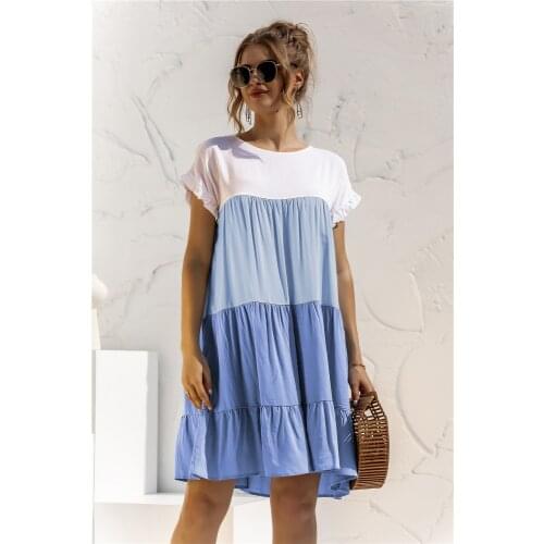 Summer Womens Mini Dress O-neck Loose Short Sleeve Stitching 3 Colors Bohemian Dress Fashion 2021 Holiday Casual Dress Vestido