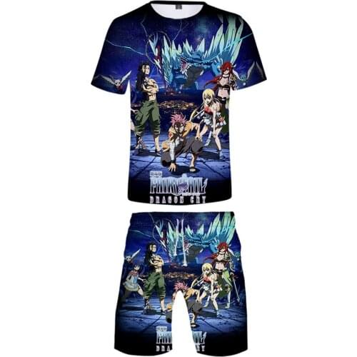 Anime Fairy Tail Two Pieces Sets Men 3D T Shirts+Shorts Suit Men Summer Tops Tees fashion T-shirt Men Clothing