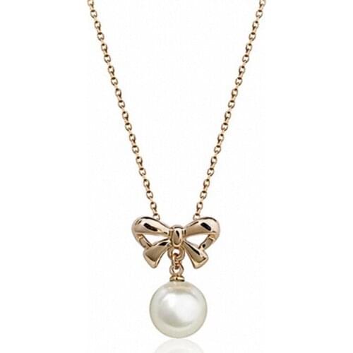 TracysWing Hot Sale Rose Gold Color Fashion Butterfly Bowknot Pearl Pendant Necklace For Women Valentines Gift 134894r