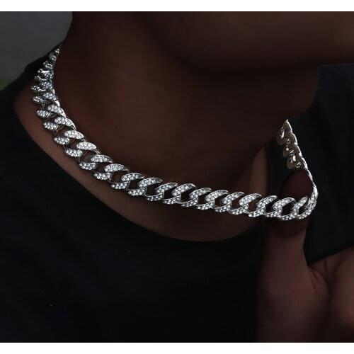 Punk Hip Hop Cuban Link Chain Choker Necklace Iced Out Rapper Crystal Necklace Fashion Bling Rhinestone men Jewelry Gift
