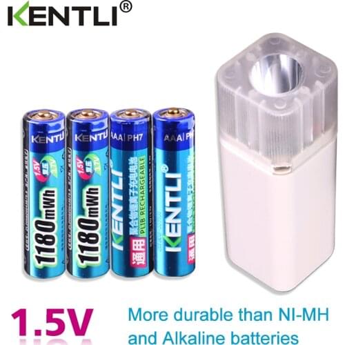 KENTLI 4pcs 1.5v 1180mWh AAA rechargeable polymer lithium battery + 4 slots aa aaa lithium battery charger with flashlight