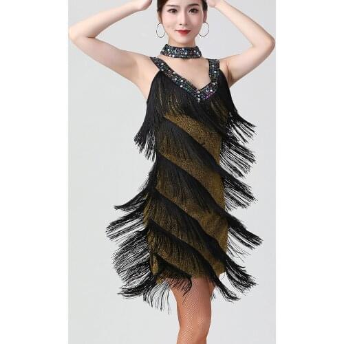 Sexy Women Double V Neck Sleeveless Fringe Dress Sequined Beaded Bodycon Mini Dress Salsa Rumba Samba Jazz Latin Dance Dress