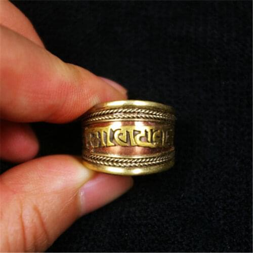 R115 Tibetan Red Brass Mantras man rings Tibet OM MANI PADME HUM Amulet open Adjustable Ring