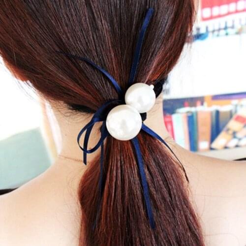 Korean Hair Accessories Simple Elegant Ribbon Double Imitation Pearl Elastic Rubber Hair Bands For Women Girl Jewelry Ponytail