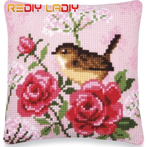 DIY Cross Stitch Cushion Bird with Flower Needlepoint Kits Pre-Printed Canvas Thick Yarn Cross-stitch Pillow Case Art and Crafts
