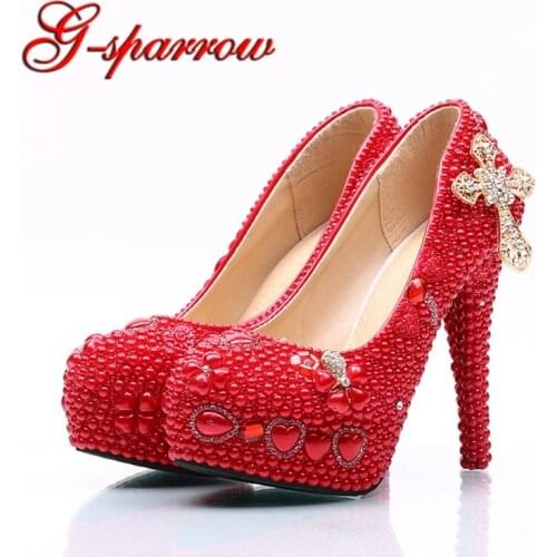 Lady Red High Heels Bridal Wedding Party Shoes with Pearl and Rhinestone Cross Mother of Bride Shoes Platform Prom Pumps