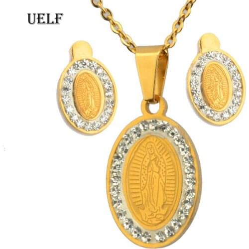 UELF New Fashion Jewelry Set Stainless Steel Blessed Virgin Mary Chain Pendant Necklaces Earrings For Women Catholic church Gift