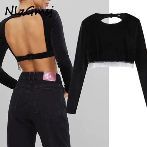 Nlzgmsj Za T shirt Women Sexy Chic Black Backless Beaded Fringed Velvet Short Fashion T-Shirt Top New Female Outfit