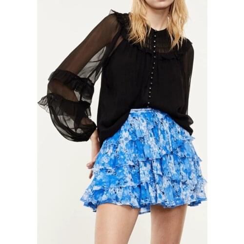 Women Single-Breasted Pleated Shirt Ladies 2021 New Spring Summer Lantern Sleeve Micro See-throught Blouse Ruffles Tirm Tops