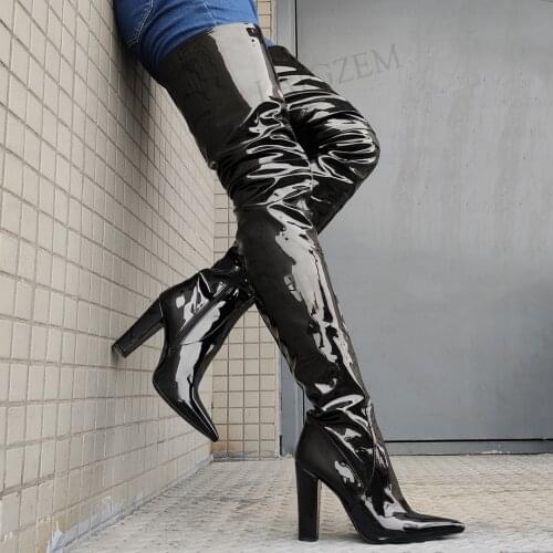 LAIGZEM Women Crotch High Boots Pointed Toe Side Zip Thick Block Heels Boots Thigh High Shoes Woman Party Club Big Size 40 4347