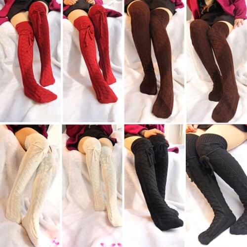 Women Winter Long Stockings Wool Warm Knit Over Knee Thigh High Stockings Tights