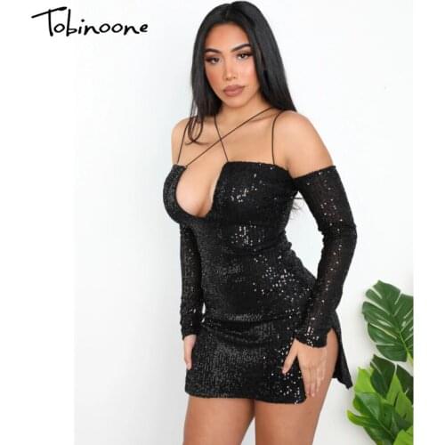 Tobinoone Criss Cross Sequins Bodycon Dress Women V Neck Full Sleeve Backless Sexy Mini Dresses Solid Spaghetti Strap Party Robe