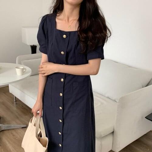 2021 New Women Summer Vintage Long Shirt Dress Square Collar Single Breasted Slim Fit Midi Sundress Metal Buttons