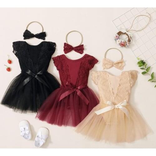 Baby Girls 2Pcs Summer Outfits Set Cute Fly Sleeve Lace Romper Tulle Skirt Headband Set Babys Sets