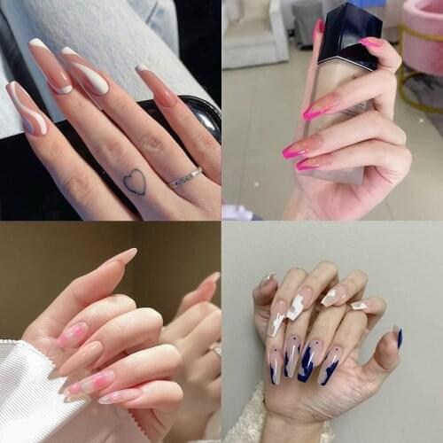 24PCS Full Set Jell Gel Stick Pink Long Coffin Nail Tips Acrylic Press On Fake Nails With Designs W00X