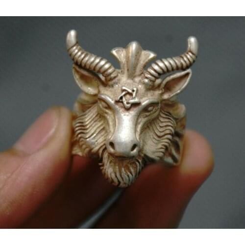 3.5cm Old Chinese Silver 12 Zodiac Year Sheep Head Jewelry Hand Ring