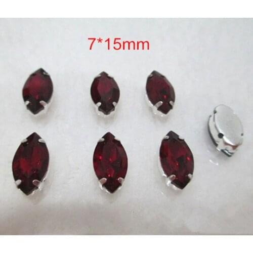 40 pcs Dark Red Sew on Marquise Bead,7*15mm Loose Crystal Navette Beads Silvery Set With 4 Holes,DIY Jewelry Crafts Findings