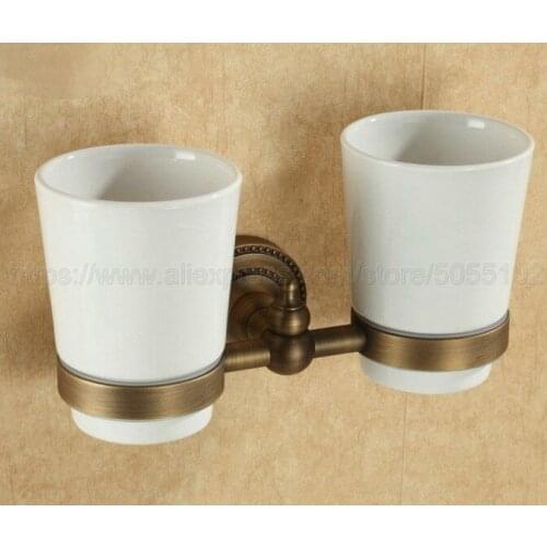 Antique Brass Ceramic Bath Toothbrush Holder Double Cup Tooth Brush Hooks Cups Bathroom Accessories Hardware zba088a