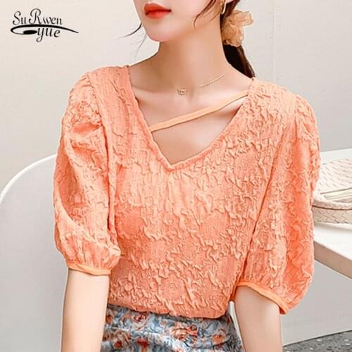 Blusas Summer V-neck Chiffon Shirt Female Korean Solid Women Tops Blouse Loose Casual New Puff Sleeve 2021 Chemisier Femme 10057